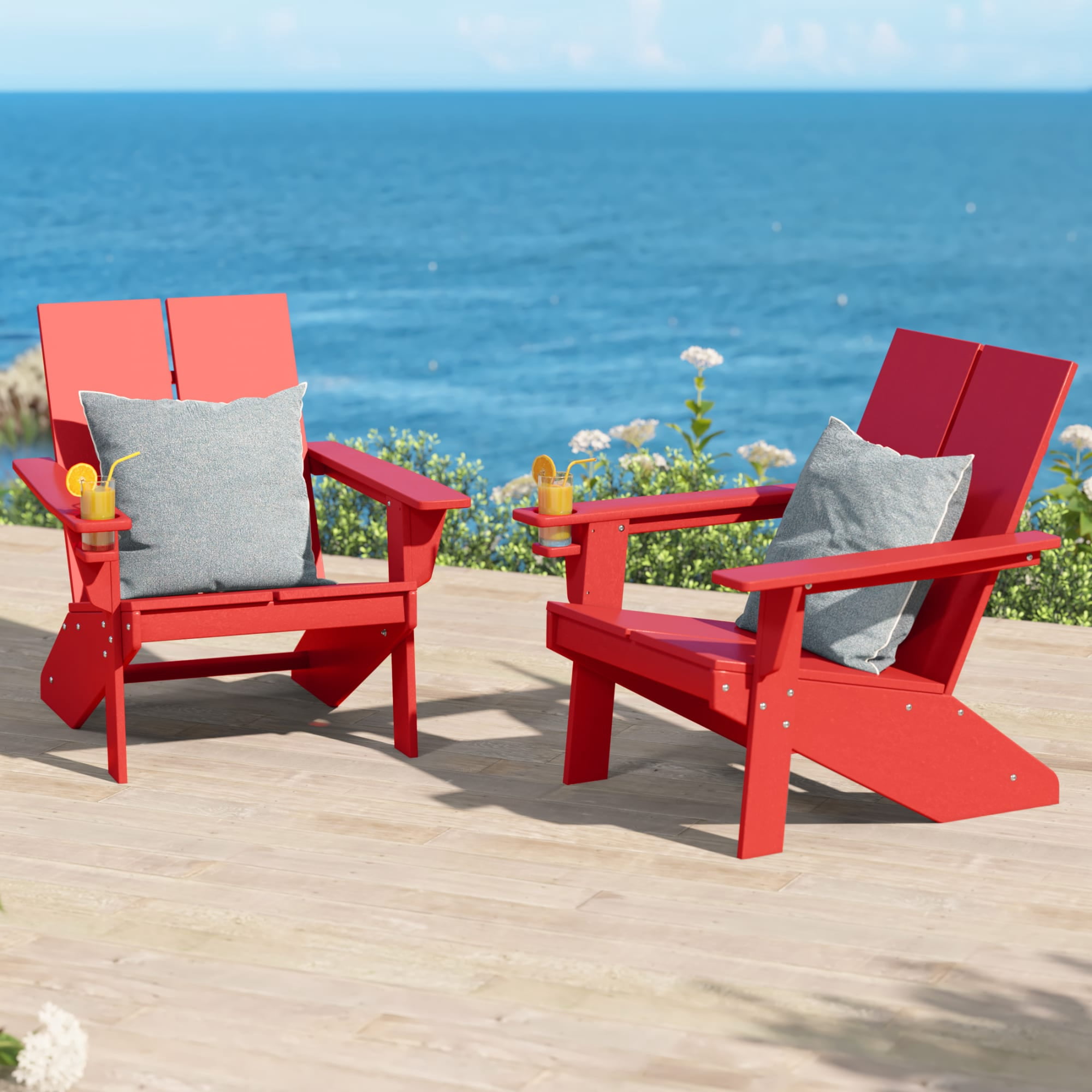 WestinTrends Riviera Outdoor HDPE Modern Adirondack Chair with Cup Holder (Set of 2), Red