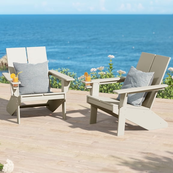 WestinTrends Riviera Outdoor HDPE Modern Adirondack Chair with Cup Holder (Set of 2), Sand