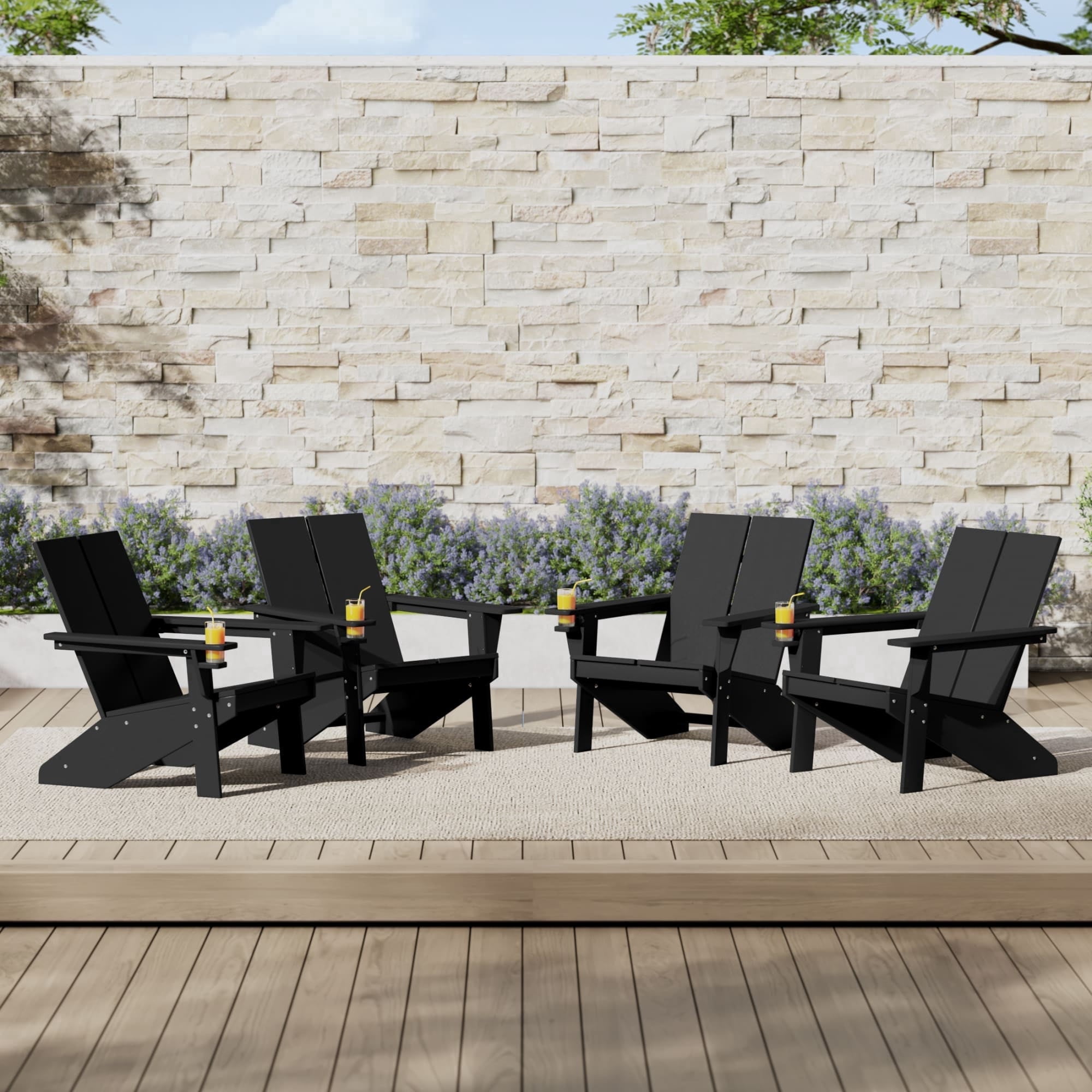 WestinTrends Riviera Outdoor HDPE Modern Adirondack Chair with Cup Holder (Set of 4), Black