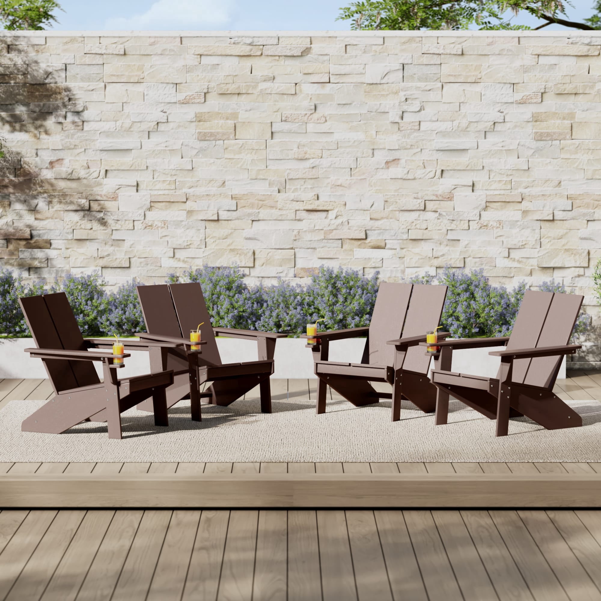 WestinTrends Riviera Outdoor HDPE Modern Adirondack Chair with Cup Holder (Set of 4), Dark Brown