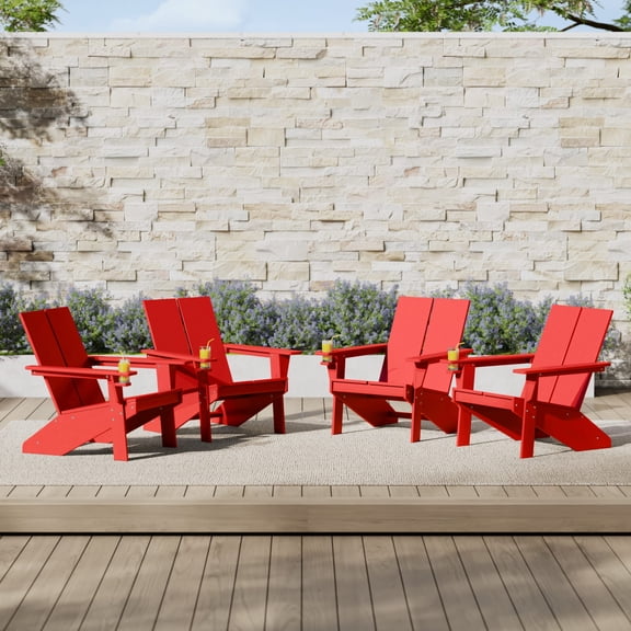 WestinTrends Riviera Outdoor HDPE Modern Adirondack Chair with Cup Holder (Set of 4), Red
