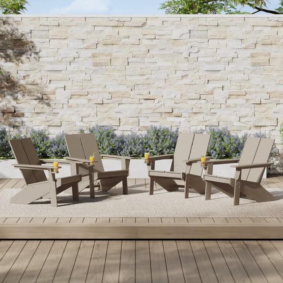 WestinTrends Riviera Outdoor HDPE Modern Adirondack Chair with Cup Holder (Set of 4), Weathered Wood