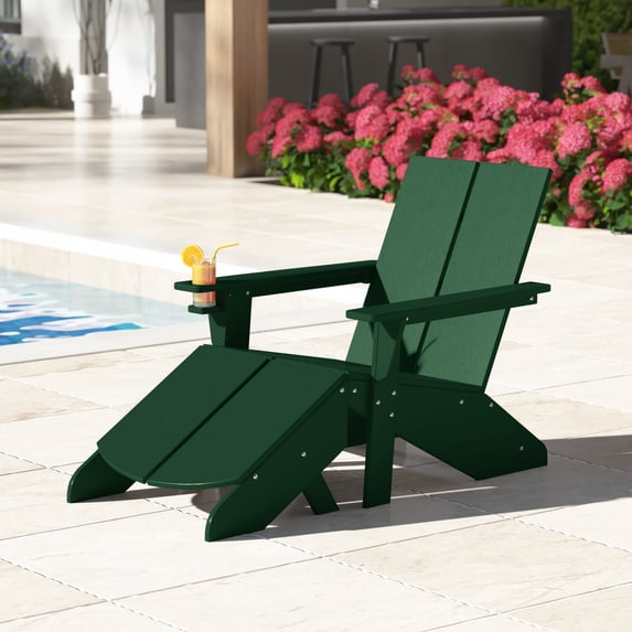 WestinTrends Riviera Outdoor HDPE Modern Adirondack Chair with Folding Patio Ottoman and Cup Holder, Dark Green