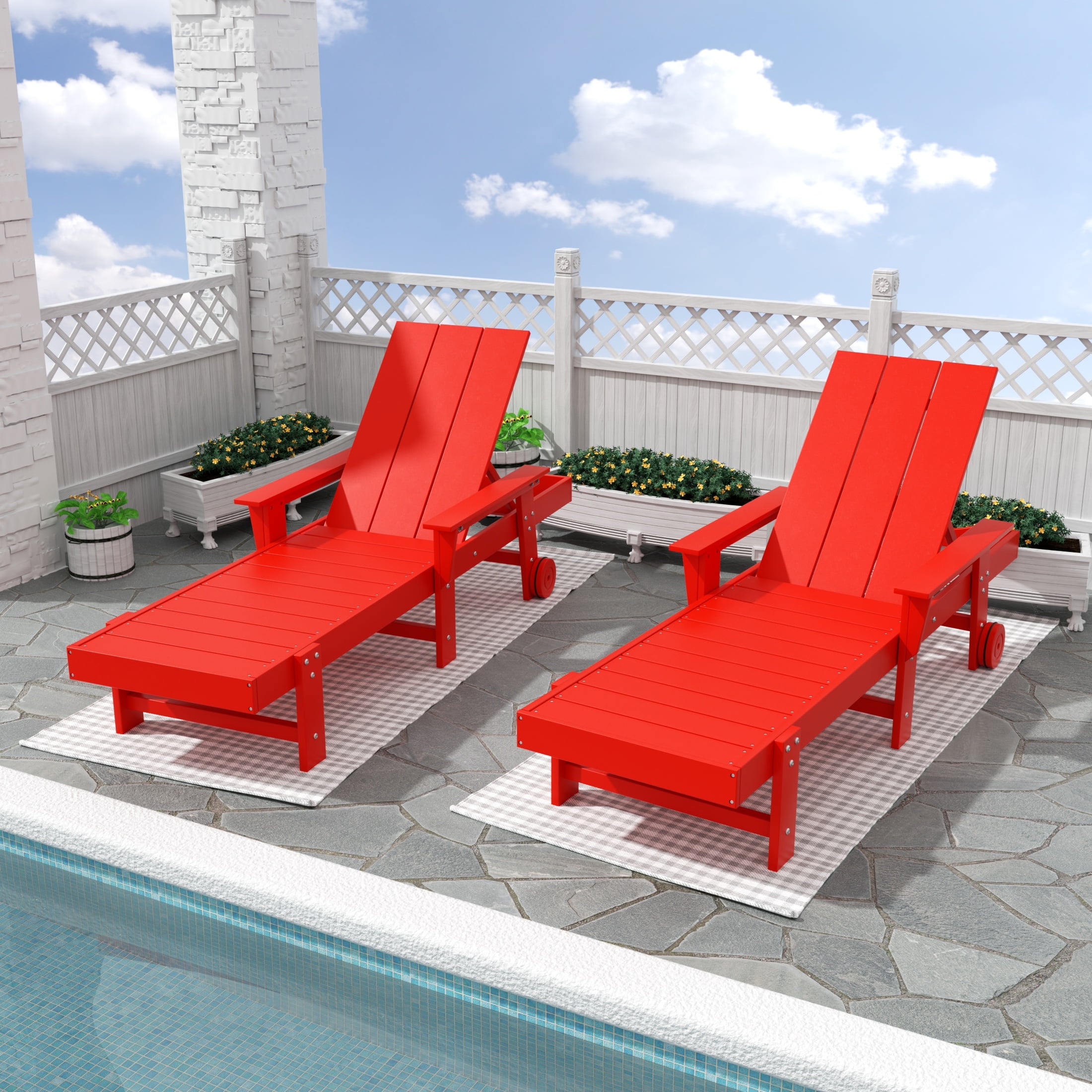 Red Poly All-Weather Chaise Lounge Set with Arms and Wheels
