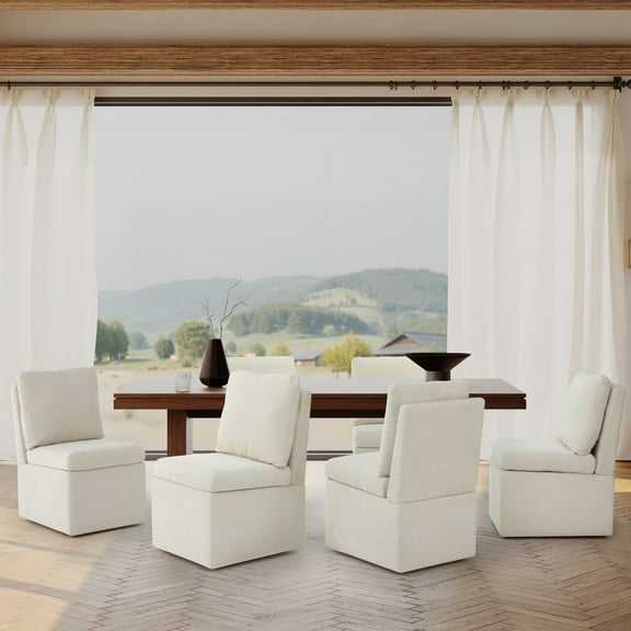 WestinTrends Soho Modern Upholstered Chenille Armless Dining Chairs With Casters (Set of 6), Cream