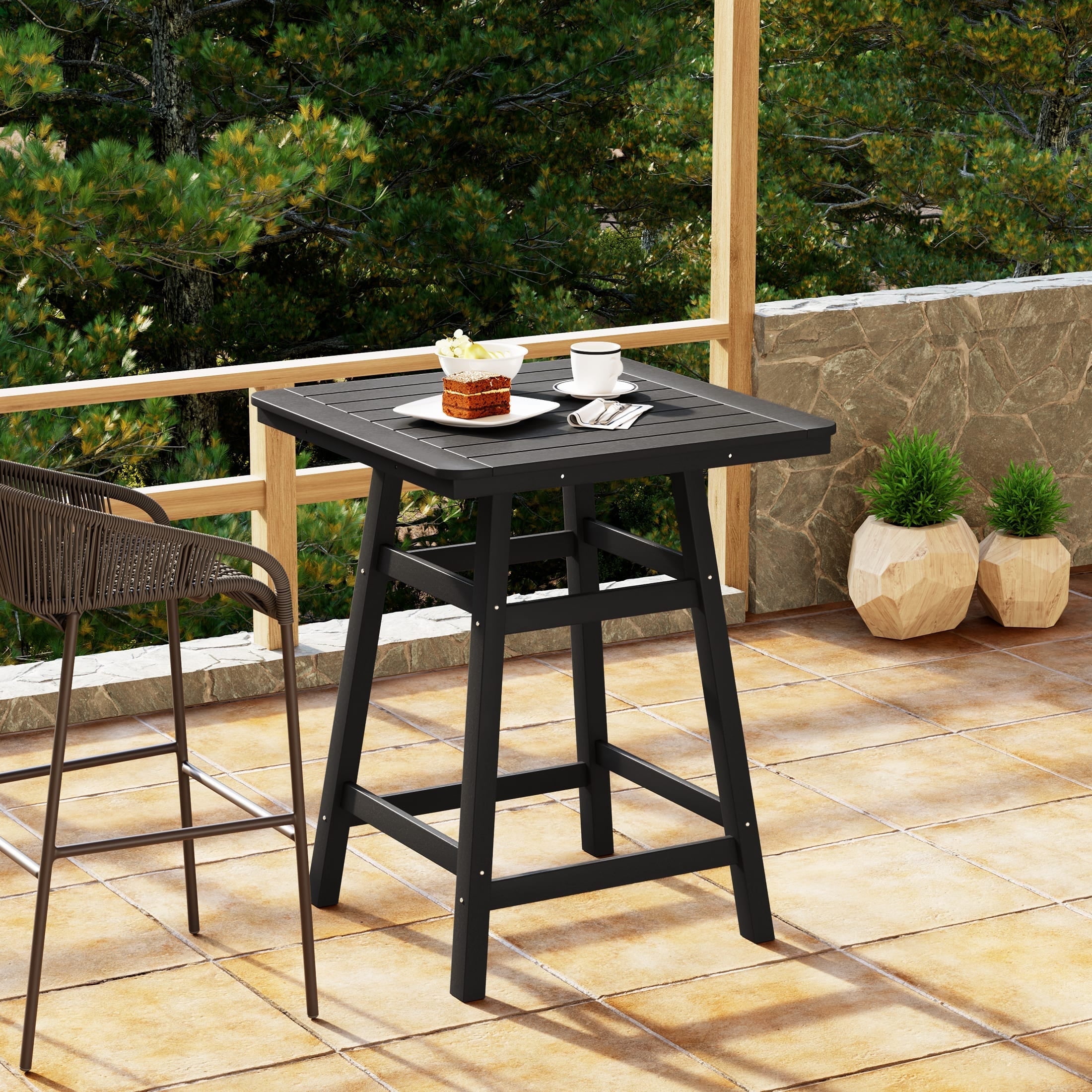 Black HDPE Outdoor Counter Height Bistro Table with Umbrella Hole