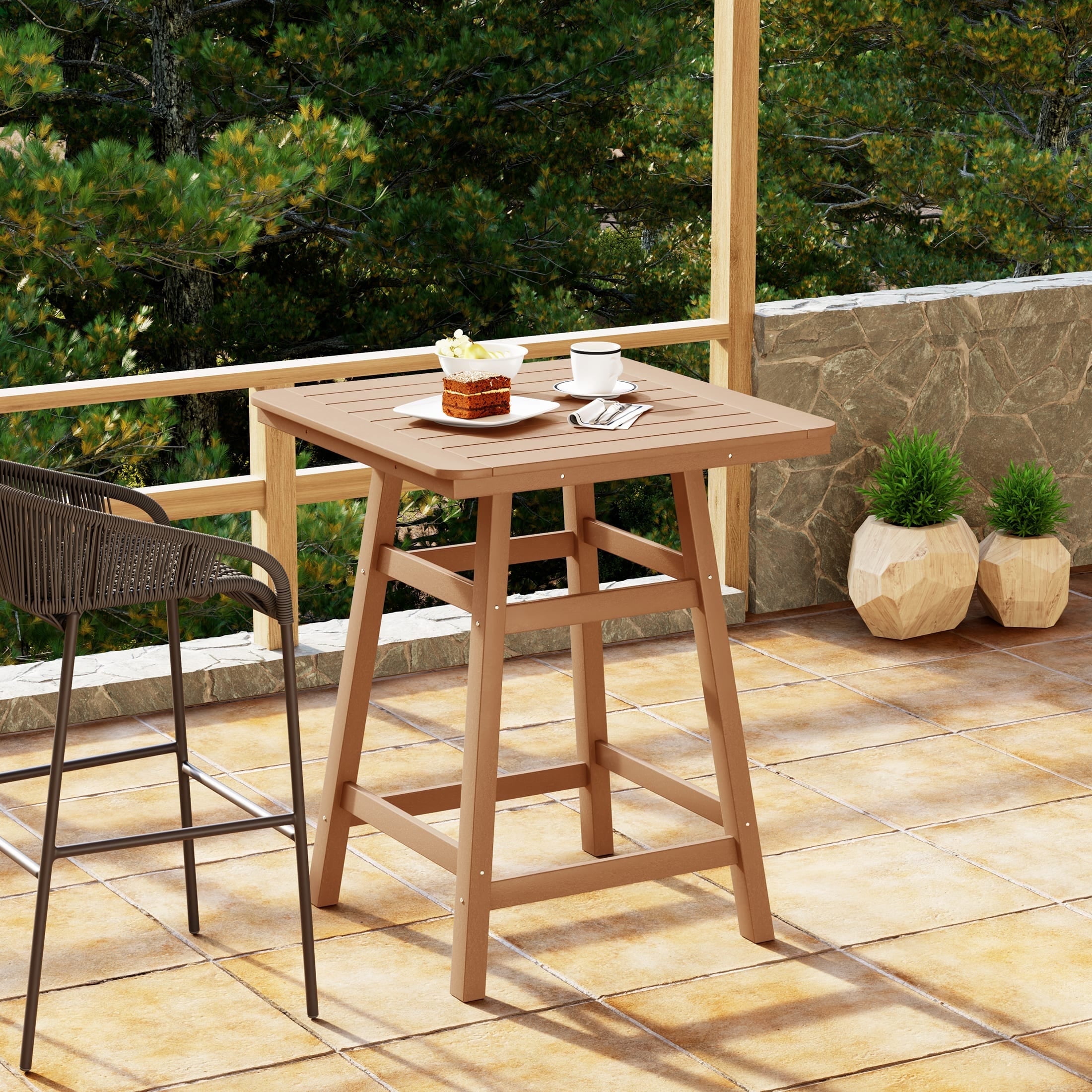 Teak HDPE Outdoor Patio Square Counter Height Bistro Table with Umbrella Hole