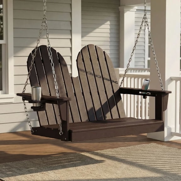 WestinTrends St. Augustine 4ft Outdoor HDPE Poly Famrhouse Hanging Porch Swing With Cup Holders, Dark Brown