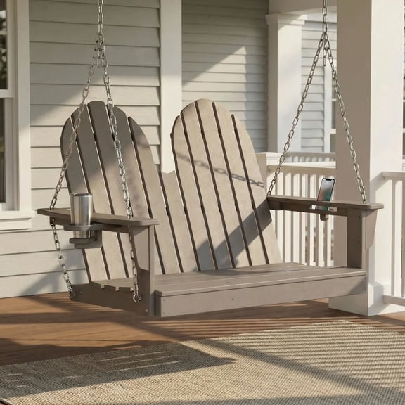 WestinTrends St. Augustine 4ft Outdoor HDPE Poly Famrhouse Hanging Porch Swing With Cup Holders, Weathered Wood