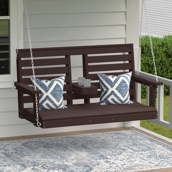 WestinTrends St Charles Outdoor HDPE 54" Front Hanging Porch Swing Bench With Cupholders, Dark Brown