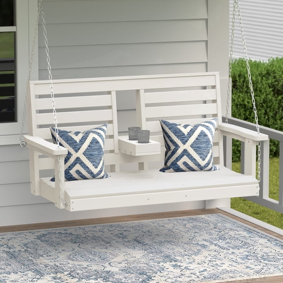 WestinTrends St Charles Outdoor HDPE 54" Front Hanging Porch Swing Bench With Cupholders, White