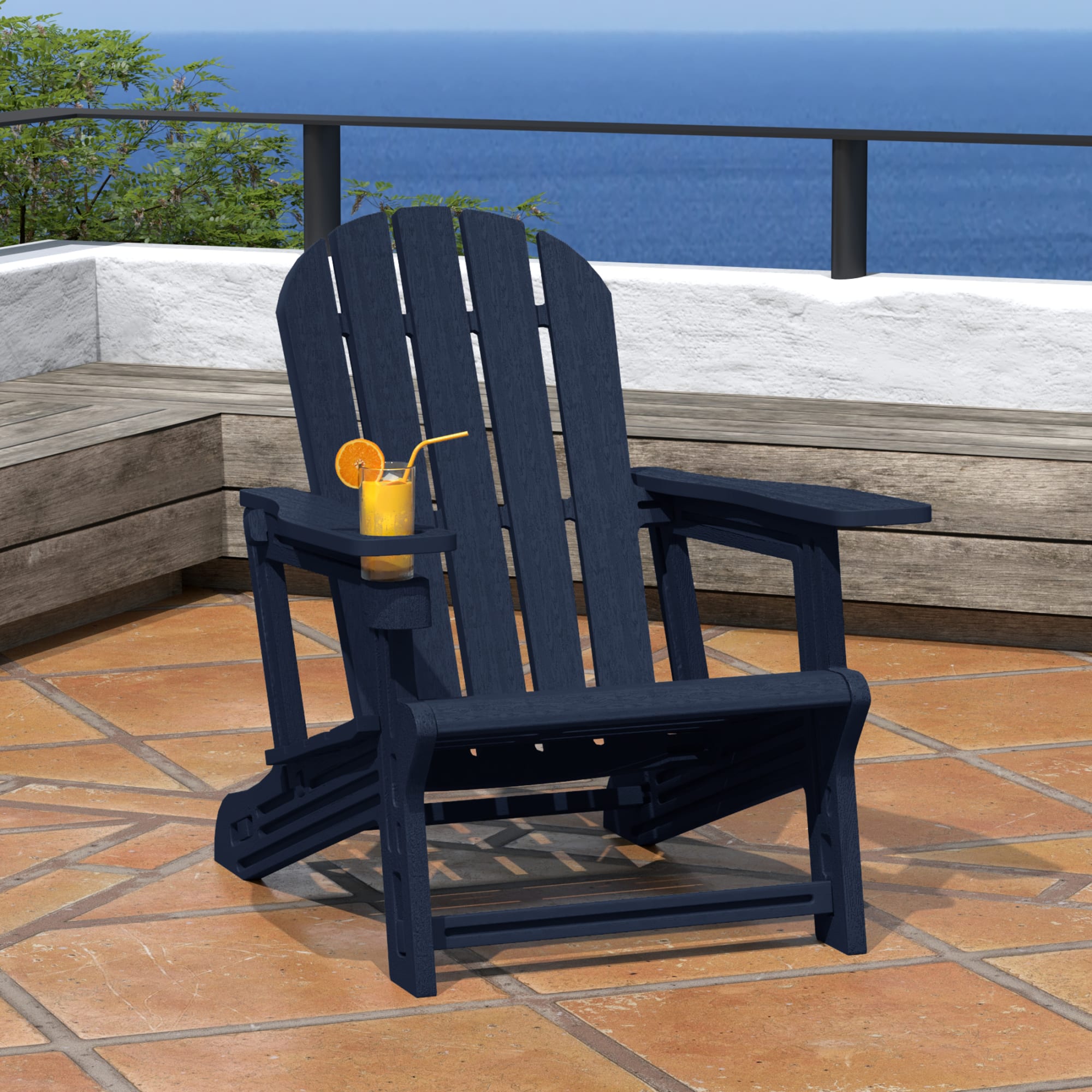 WestinTrends Tool-Free Assembly Outdoor Patio HDPE Plastic Adirondack Chair with Cup Holder, Navy Blue