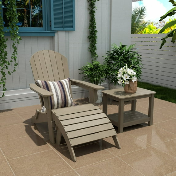 WestinTrends Tuscany 3-Piece HIPS Outdoor Folding Adirondack Seashell Chair With Folding Ottoman And Side Table, Taupe