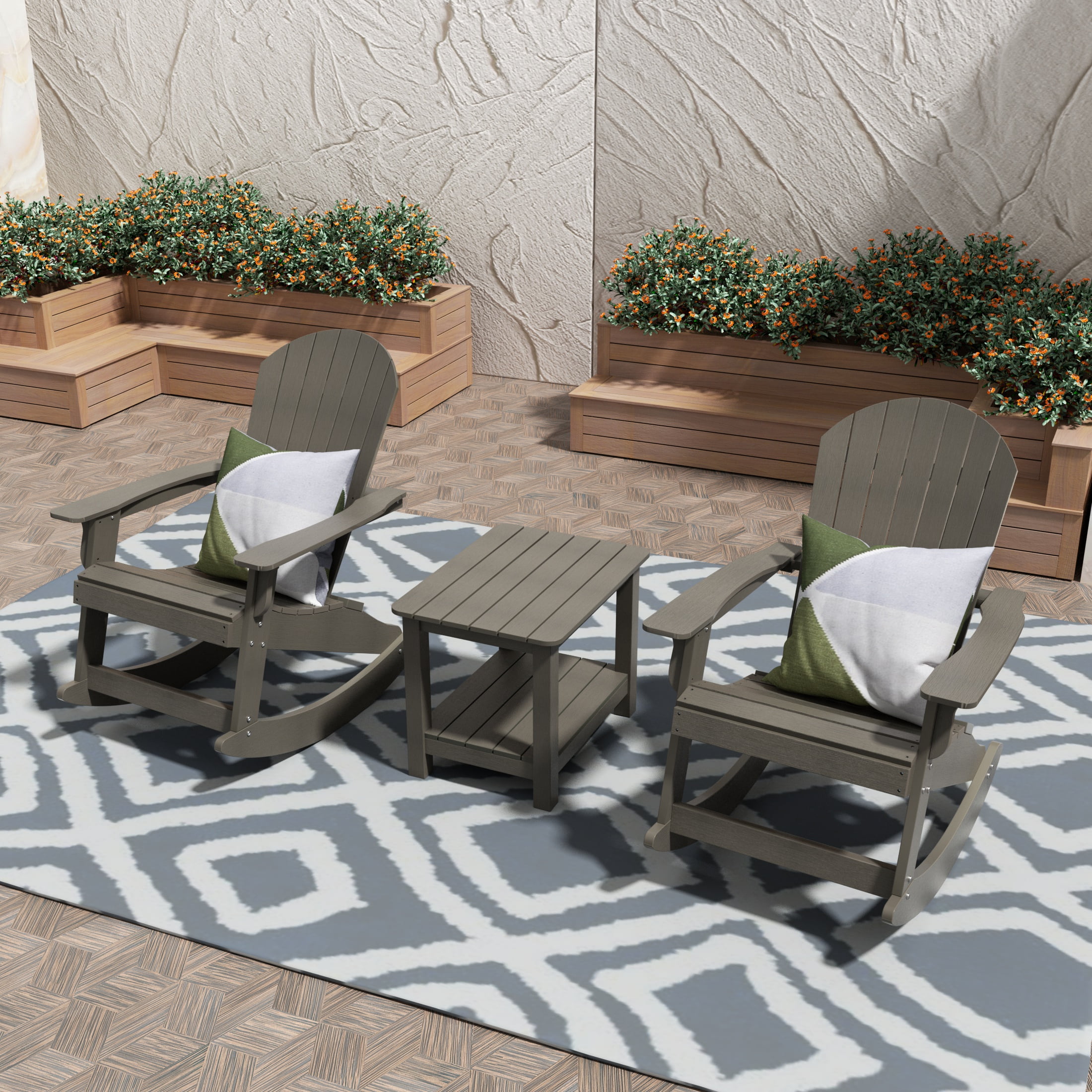 WestinTrends Tuscany 3-Piece HIPS Outdoor Rocking Adirondack Chair With Side Table, Charcoal Gray