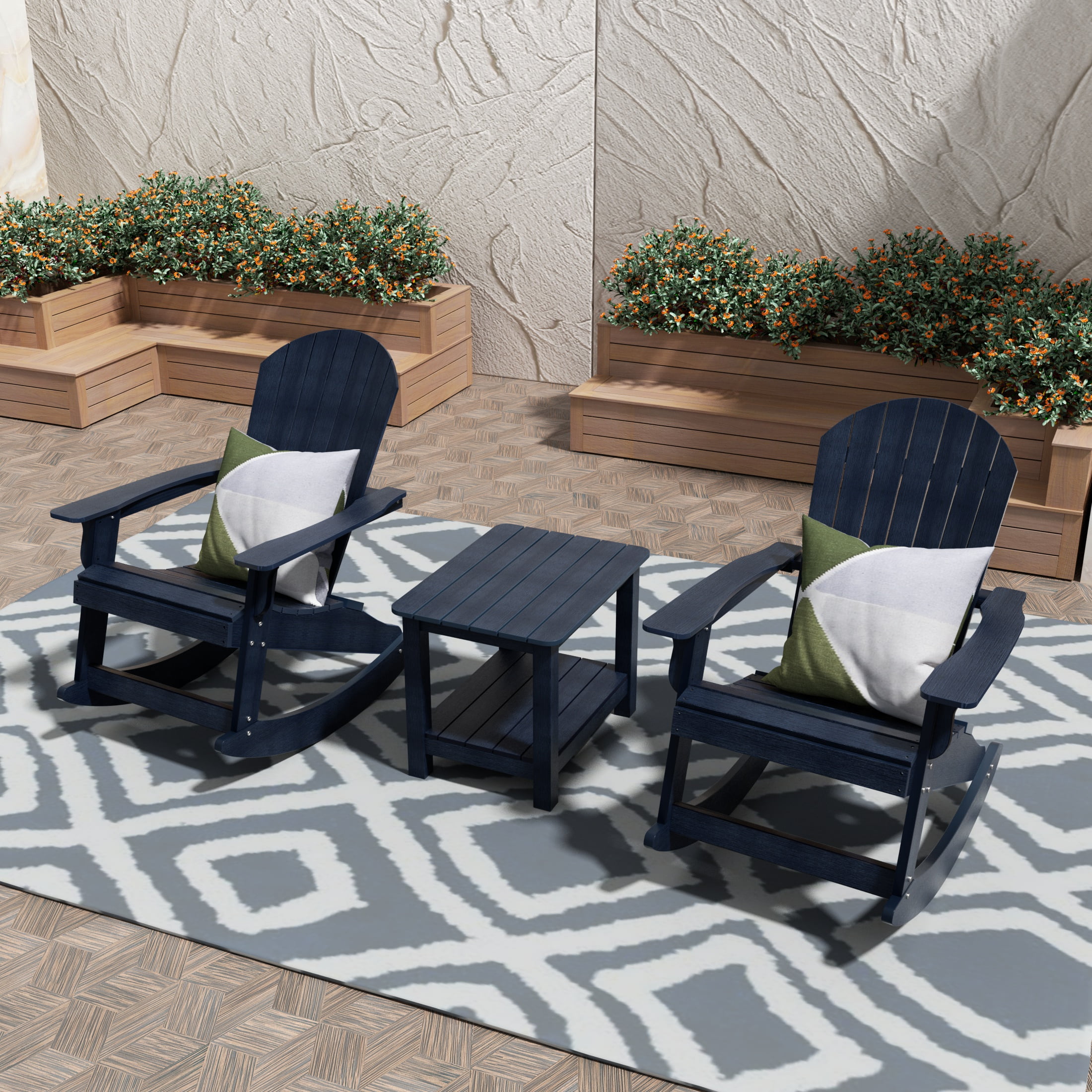 WestinTrends Tuscany 3-Piece HIPS Outdoor Rocking Adirondack Chair With Side Table, Navy