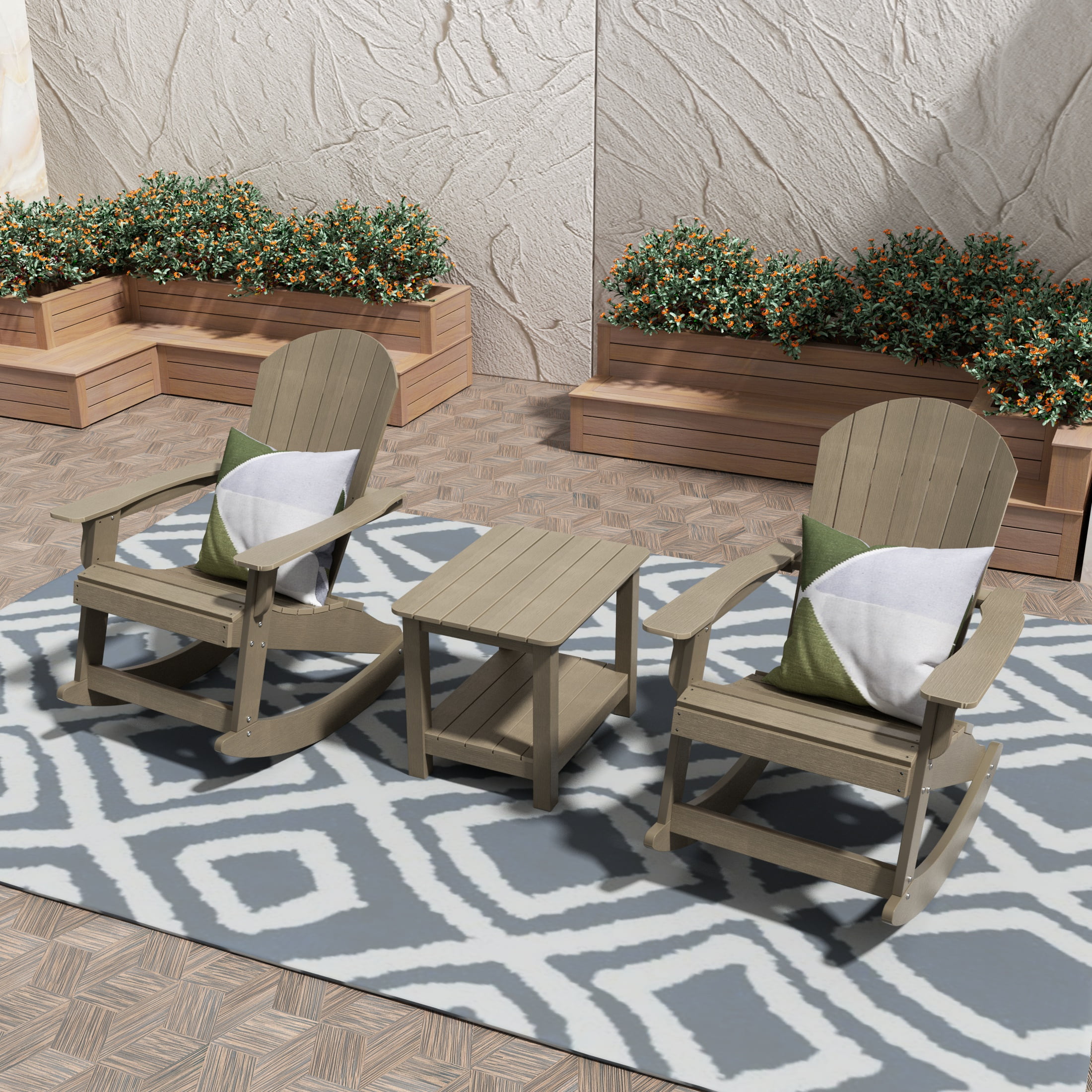 WestinTrends Tuscany 3-Piece HIPS Outdoor Rocking Adirondack Chair With Side Table, Taupe