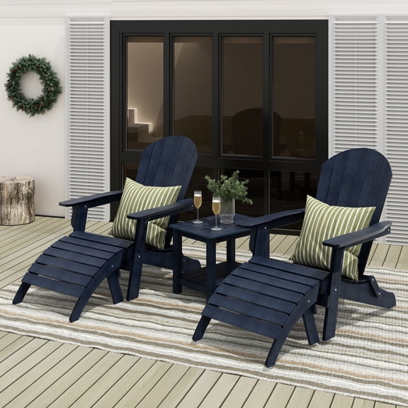 WestinTrends Tuscany 5-Piece HIPS Outdoor Folding Adirondack Seashell Chair With Folding Ottoman And Side Table, Navy