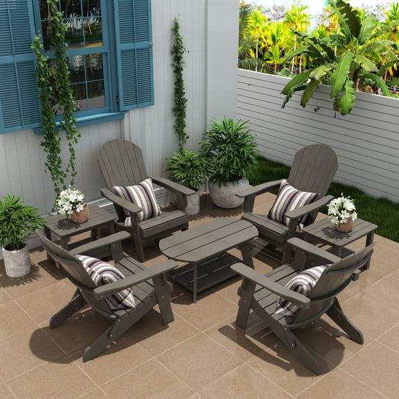 WestinTrends Tuscany 7-Piece HIPS Outdoor Poly Adirondack Seashell Conversation Lounge Set, Charcoal Gray