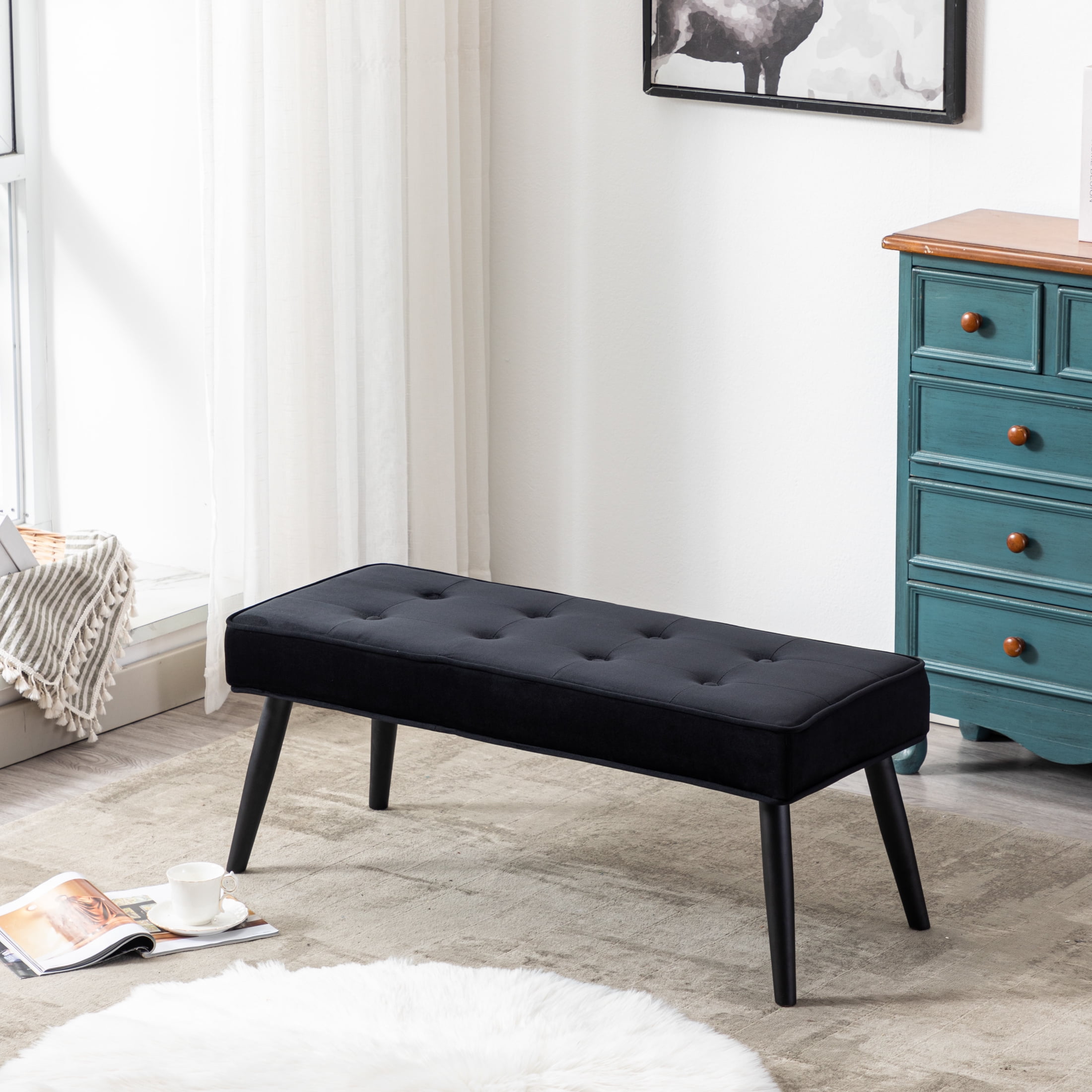 40'' Black Velvet Tufted Bedroom Bench with Solid Wood Legs