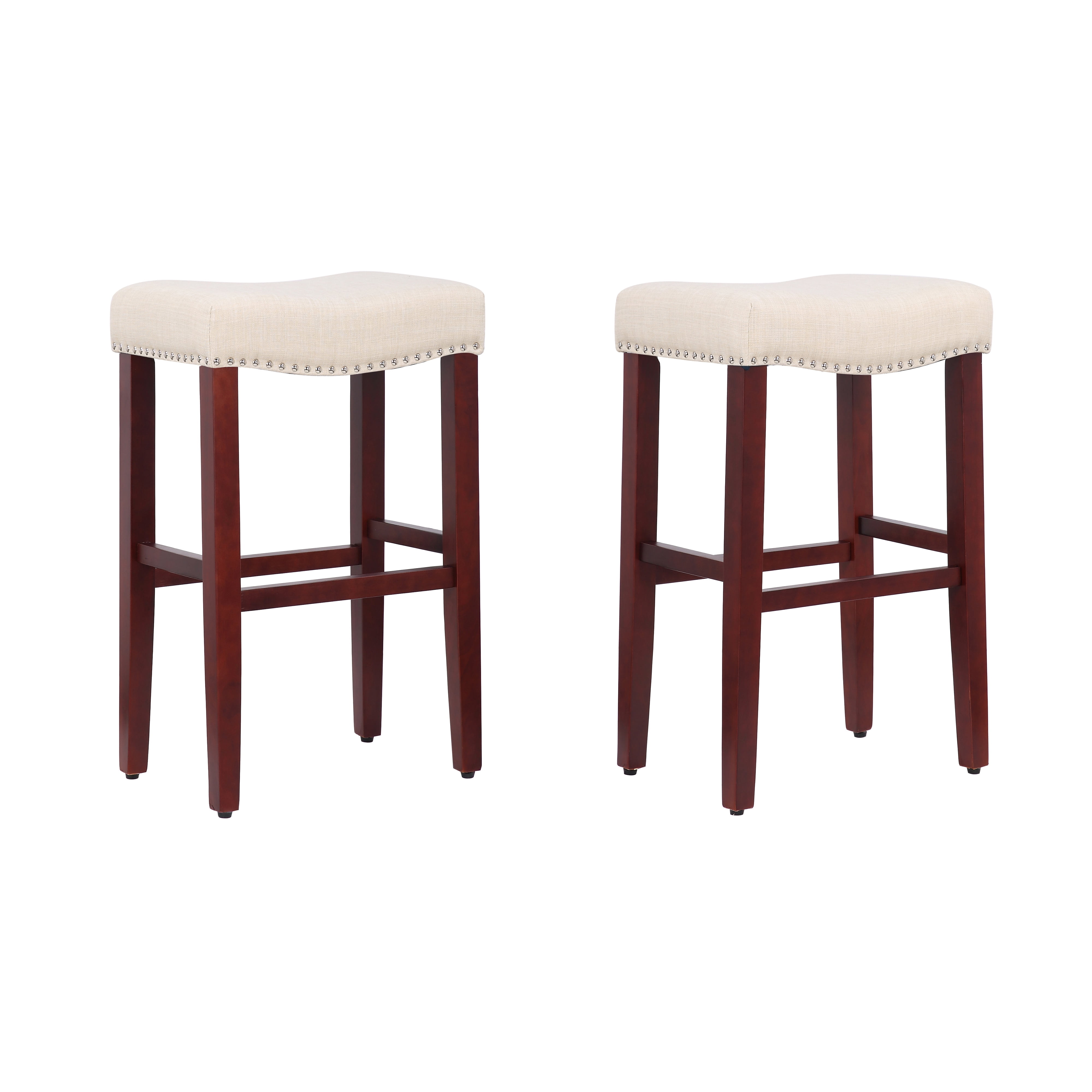 WestinTrends Wooden Barstools Bar Height Set of 2 29 Inch Tall Modern Farmhouse Kitchen Saddle Bar Stools Chair Linen Upholstered Padded Cushion