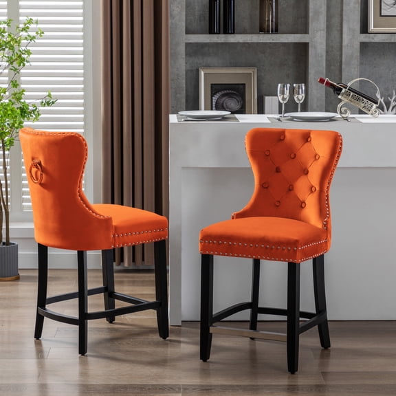 WestinTrends Wordford 24" Tufted Velvet Counter Stool (Set of 2), Black/ Orange