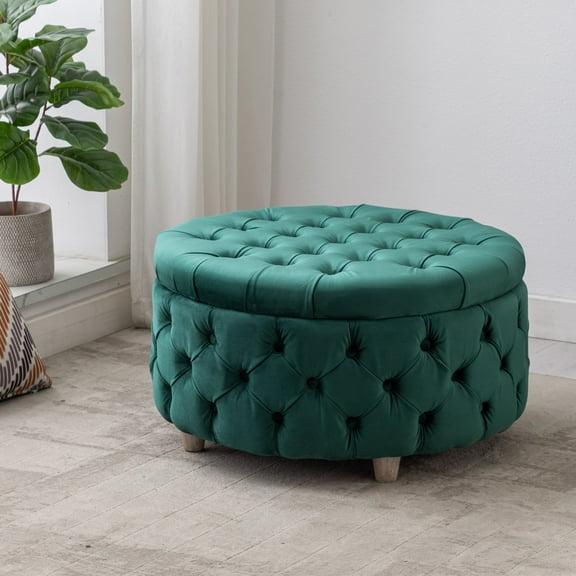 WestinTrends Wordford Round Velvet Tufted Storage Ottoman, Velvet Dark Green