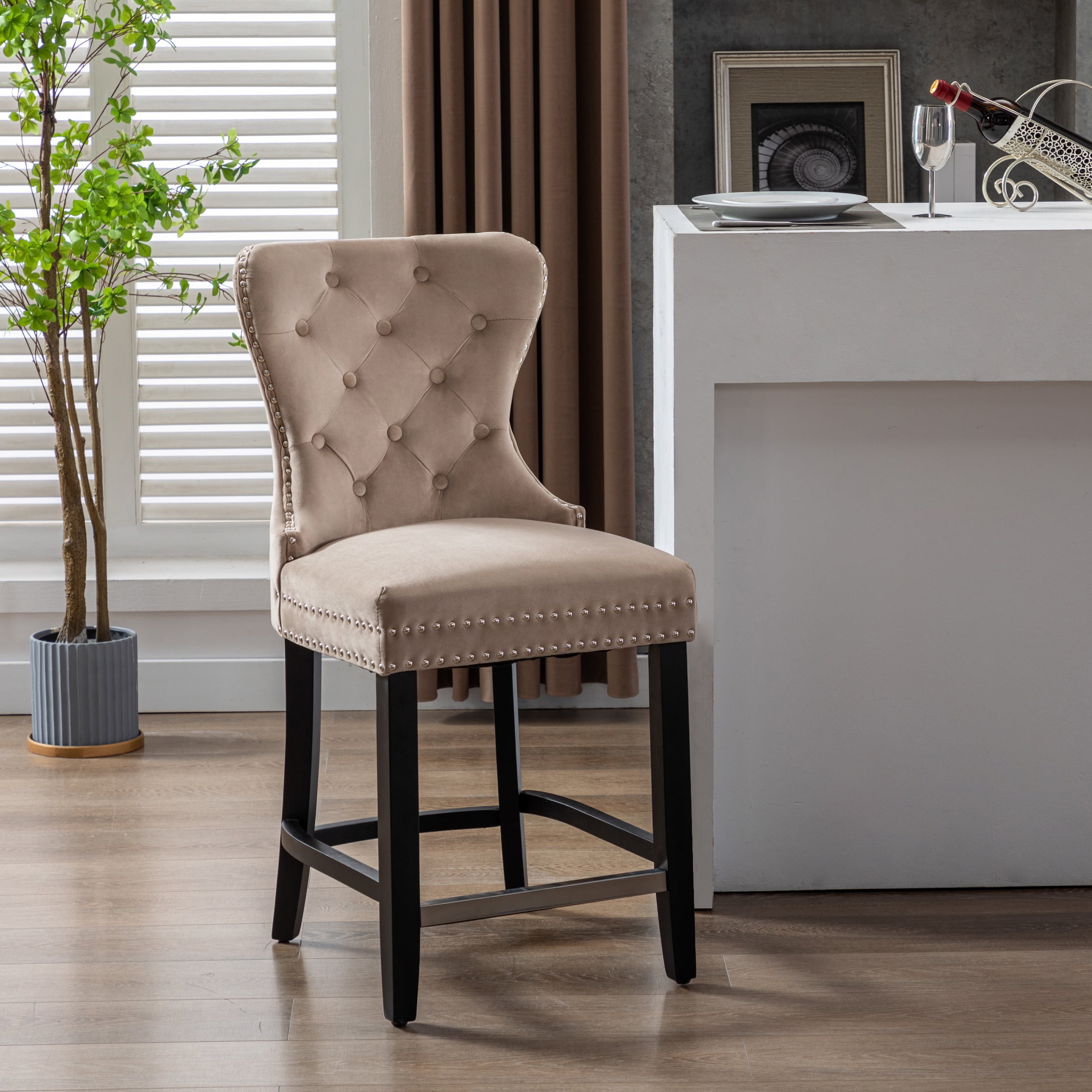 Elegant Velvet Taupe 24" Wingback Bar Stool with Silver Accents