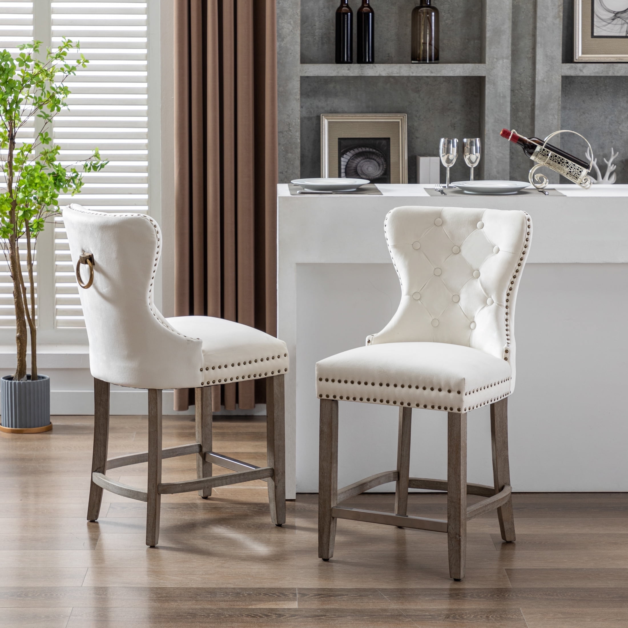 WestinTrends Wordford Set of 2 Velvet Bar Stools, Mid Century, Wing ...