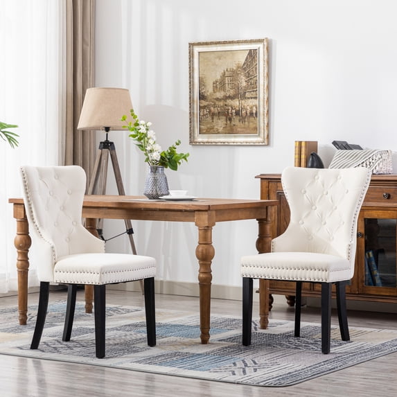 WestinTrends Wordford Velvet Dining Chairs Set of 2, Modern Wingback Upholstered Button Tufted Kitchen Dining Room Chairs with Solid Wood Legs and Pull Ring, Cream