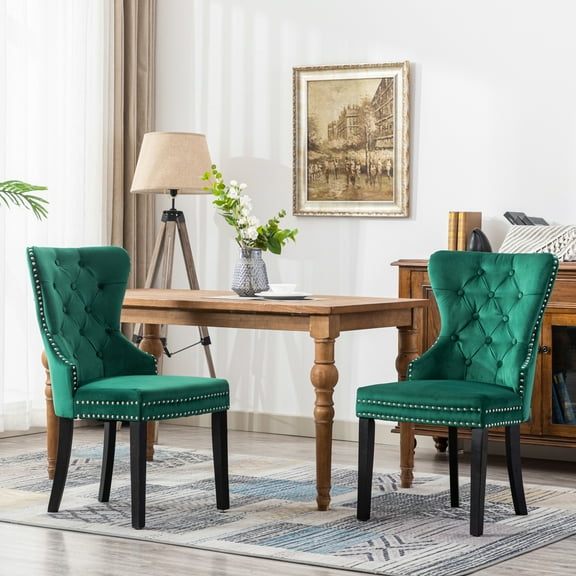 WestinTrends Wordford Velvet Dining Chairs Set of 2, Modern Wingback Upholstered Button Tufted Kitchen Dining Room Chairs with Solid Wood Legs and Pull Ring, Green