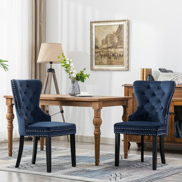 WestinTrends Wordford Velvet Dining Chairs Set of 2, Modern Wingback Upholstered Button Tufted Kitchen Dining Room Chairs with Solid Wood Legs and Pull Ring, Navy Blue