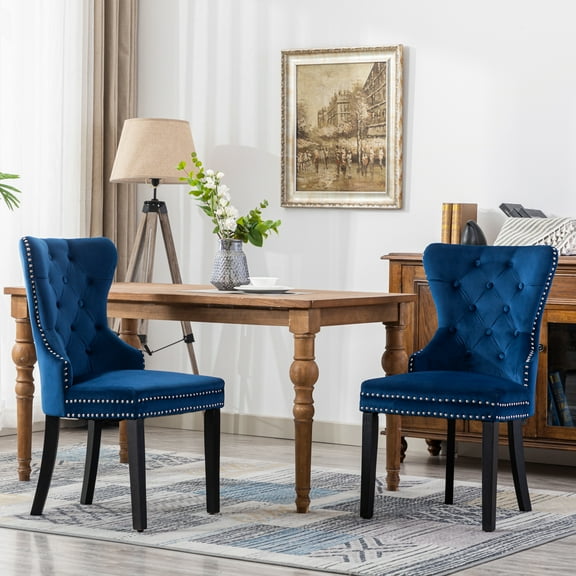 WestinTrends Wordford Velvet Dining Chairs Set of 2, Modern Wingback Upholstered Button Tufted Kitchen Dining Room Chairs with Solid Wood Legs and Pull Ring, Royal Blue