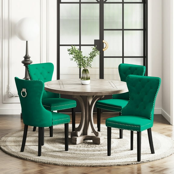 WestinTrends Wordford Velvet Dining Chairs Set of 4, Modern Wingback Upholstered Button Tufted Kitchen Dining Room Chairs with Solid Wood Legs and Pull Ring, Green