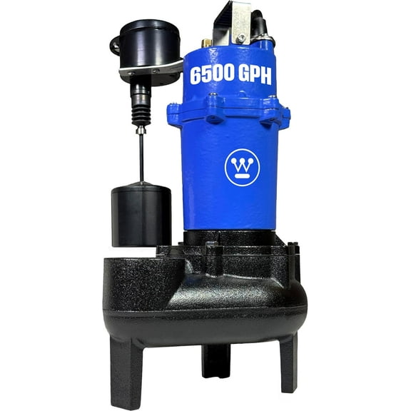 Westinghouse 1/2 HP Sewage Pump with Vertical Float Switch, Cast Iron, 6500 GPH Max Flow, Automatic Effluent or Sewage Ejector Pump, Handles Solids Up to 2", Includes 2" Quick Connect Fitting