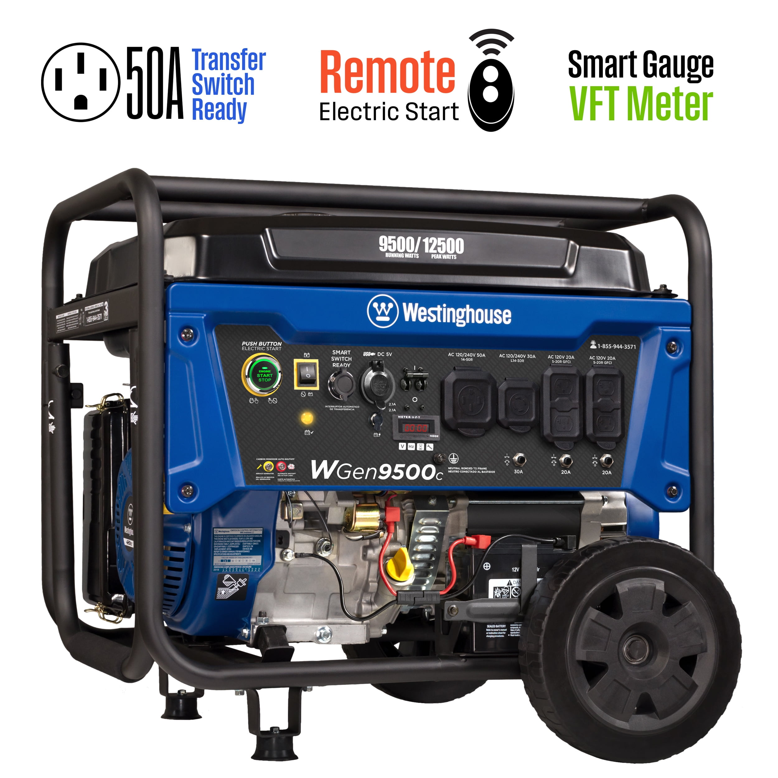 Westinghouse 12,500 Peak Watt Remote Electric Start, Portable Gas Powered Generator with CO Sensor