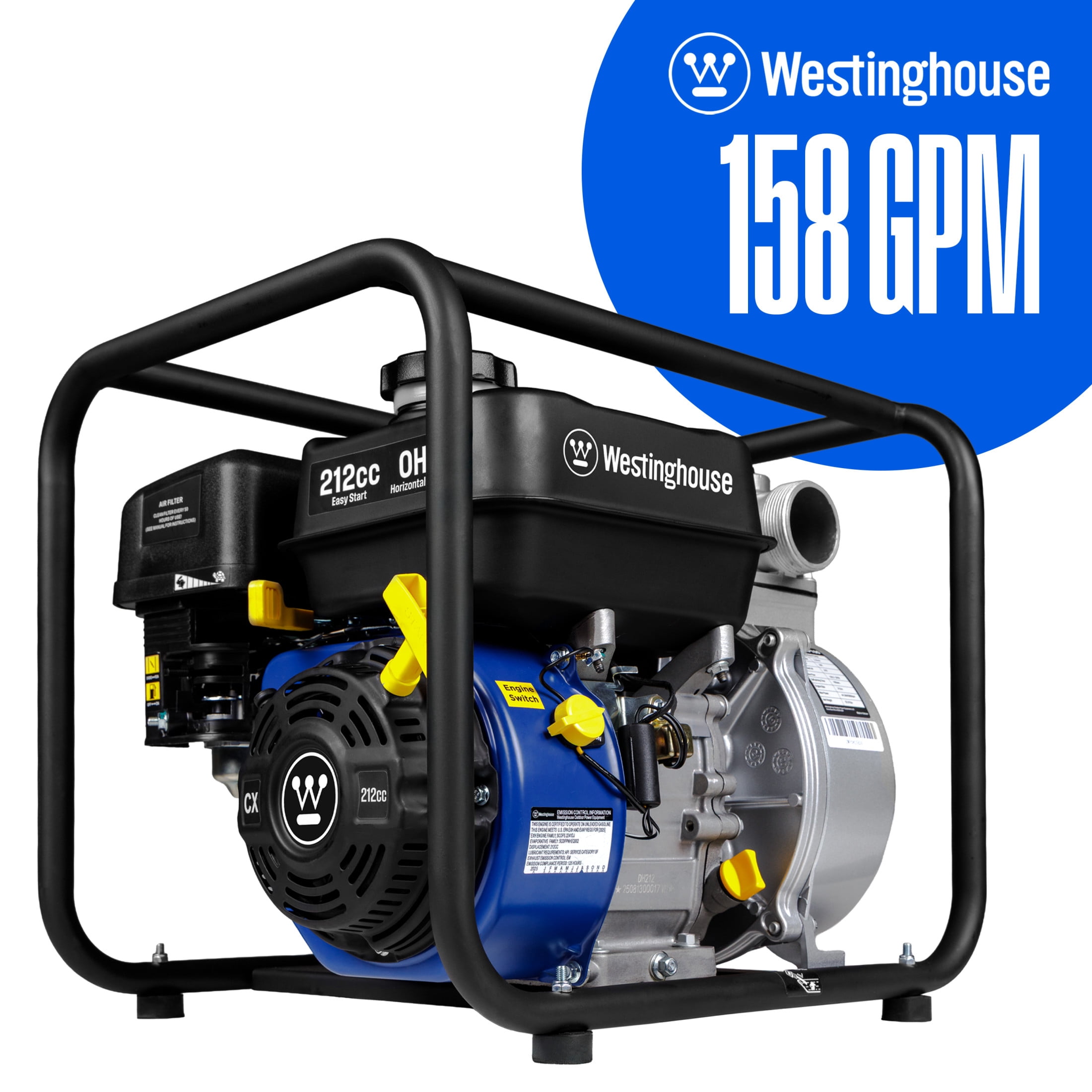 Westinghouse 2-inch Gas Powered Semi Trash Water Pump, 4-Stroke Engine, 158 GPM with Up to 91ft and 25ft Suction
