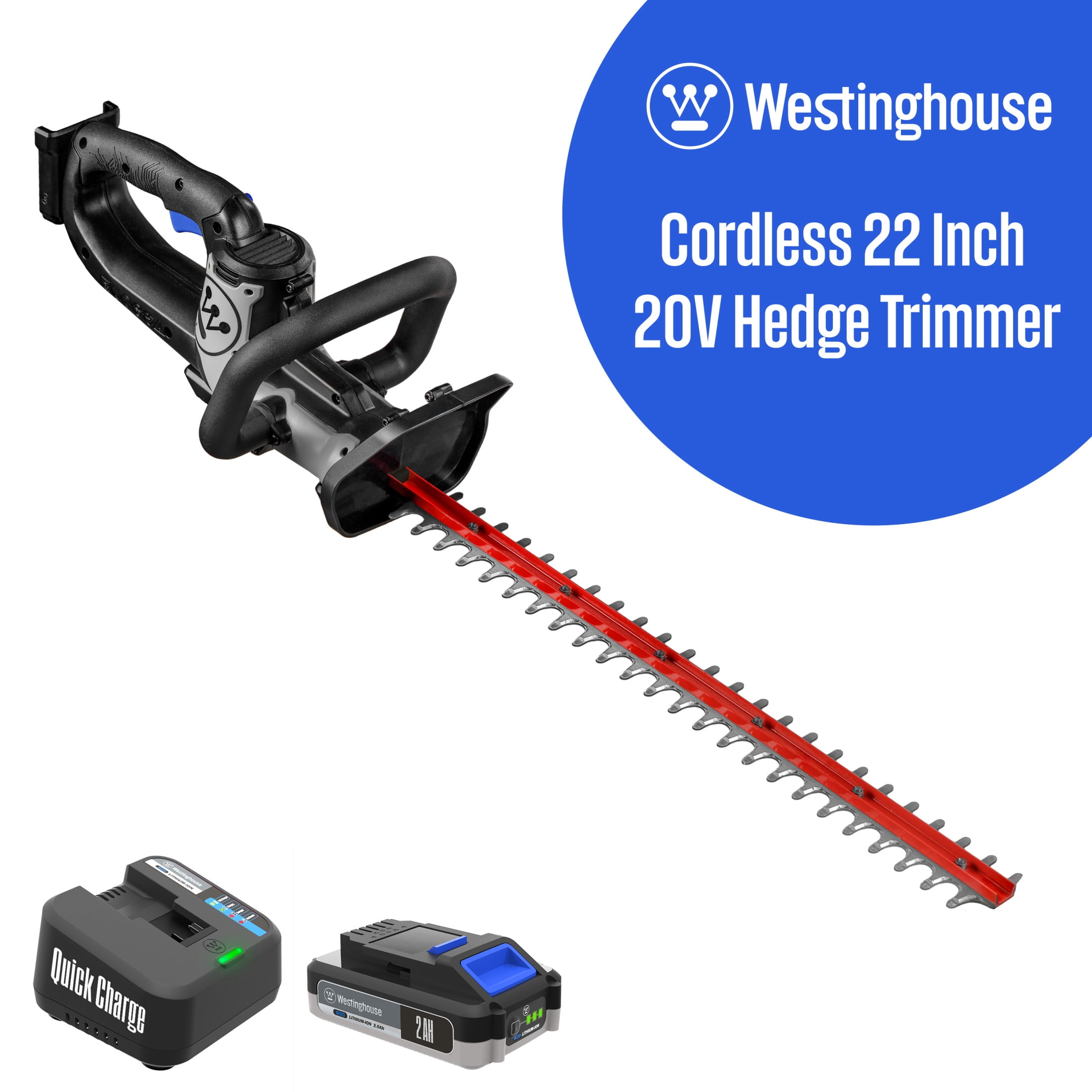 Westinghouse 20V Cordless Hedge Trimmer, 22 Inch Dual-Action Steel Blades, 2.0Ah Battery and Charger Included