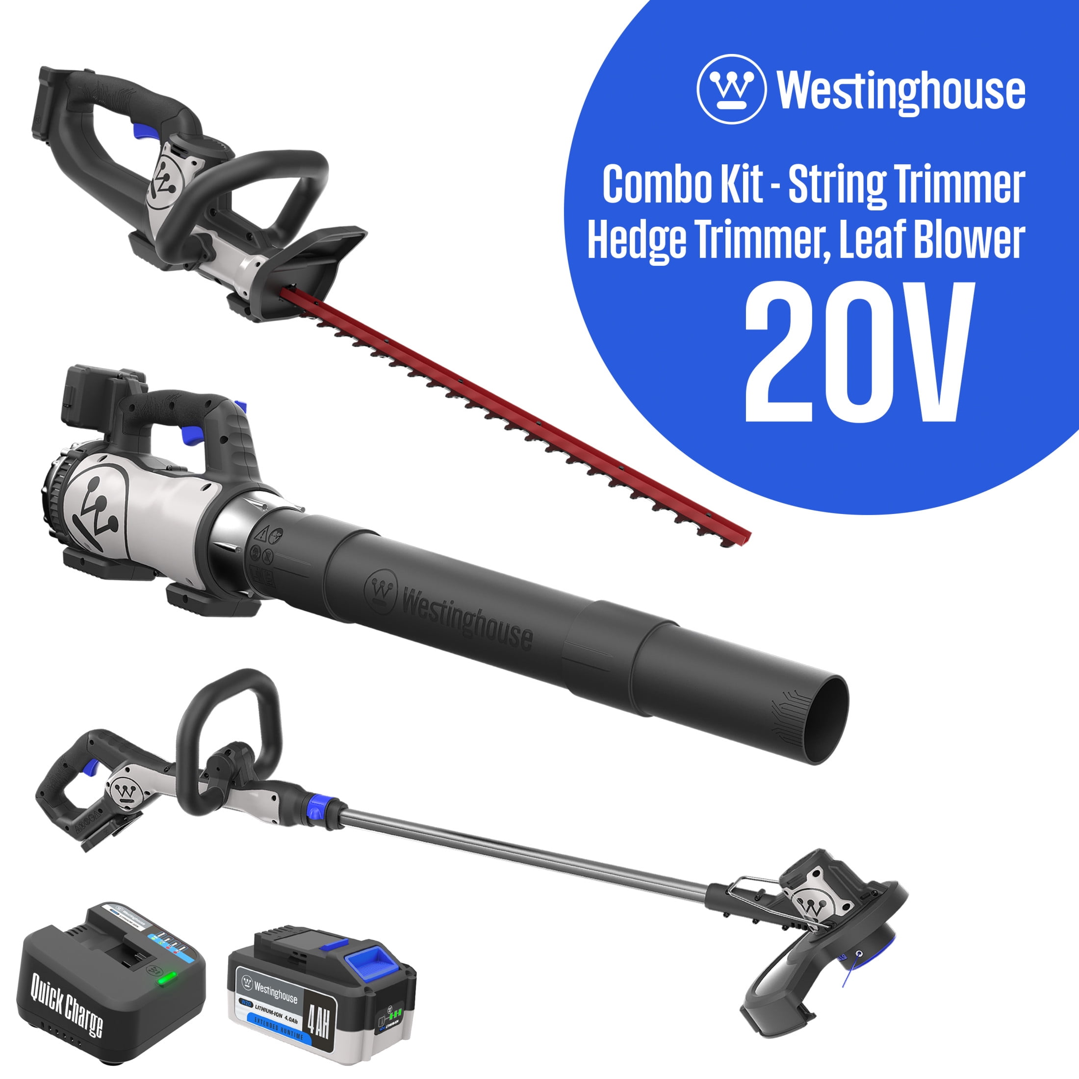 Westinghouse 20V Cordless Leaf Blower, 350 CFM, 110 MPH + 22" Cordless Hedge Trimmer, Dual-Action Steel Blades + 2-in-1 Cordless String Trimmer & Edger, 12" Cutting Path with 4.0Ah Battery & Charger