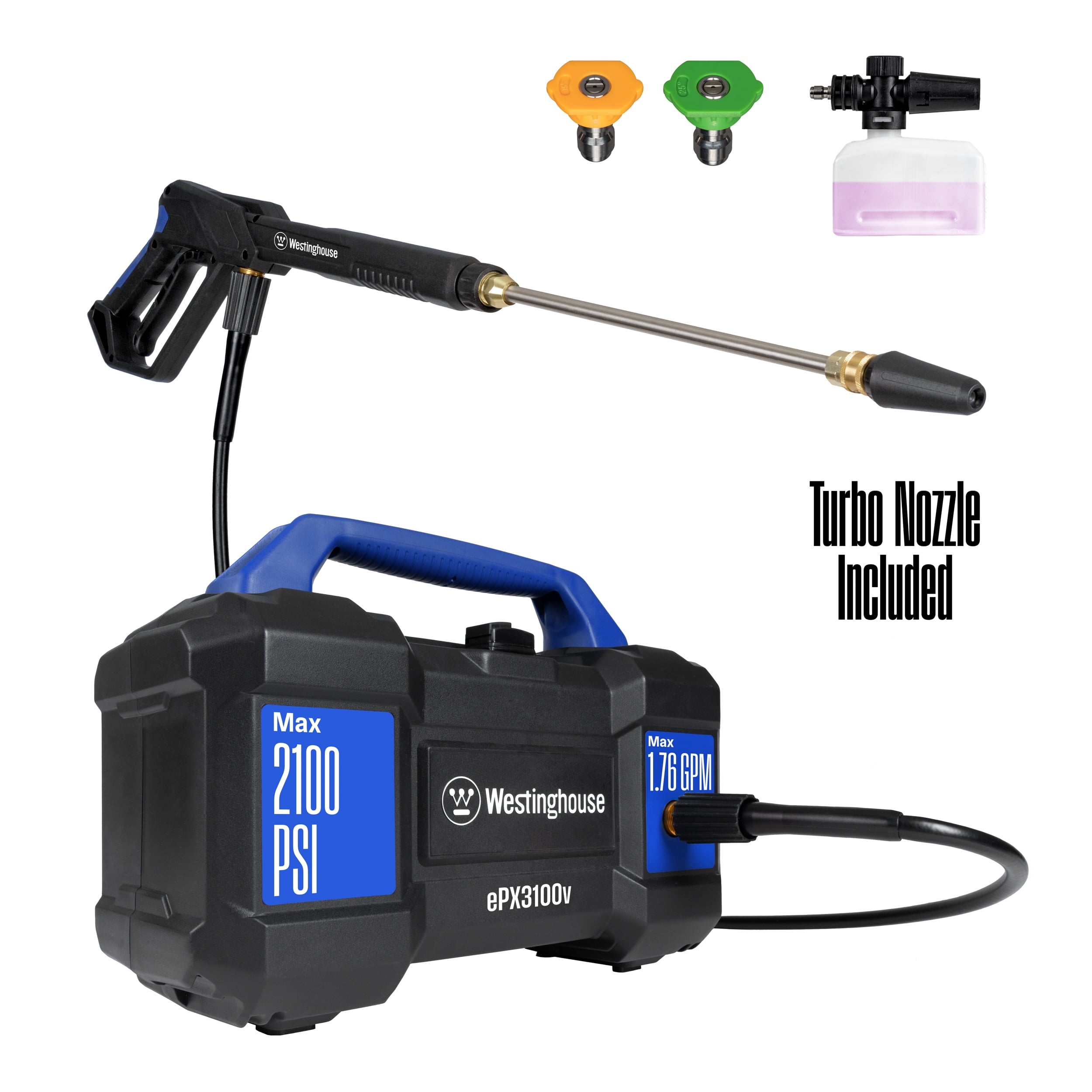 Westinghouse 2100 Max PSI at 1.76 Max GPM Electric Pressure Washer, Detachable Foam Cannon, 3-Nozzle Set