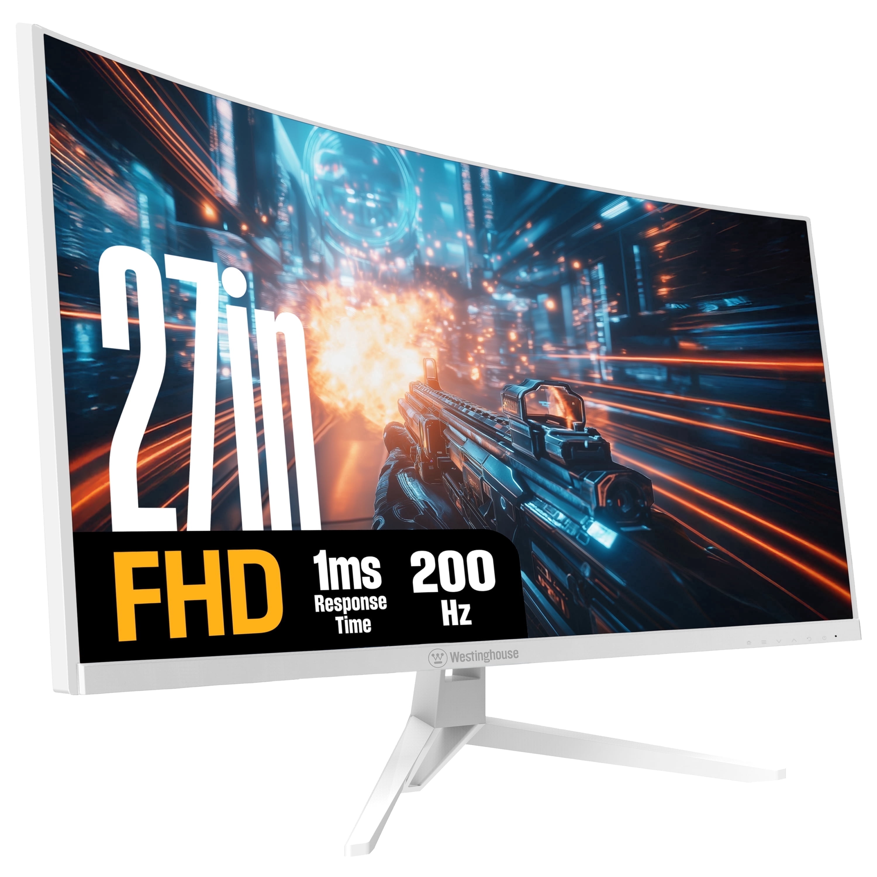 Westinghouse 27 Inch Curved Gaming Monitor, 200Hz, 1ms, FHD 1080P, 3000:1 Contrast Ratio, 118% sRGB, 1500R, AMD FreeSync, Eyecare, for PC Games with Built-in Speakers, DisplayPort, HDMIx2-White
