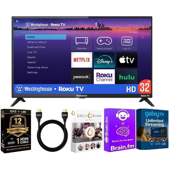 Westinghouse 32 Inch Class 720p LED HD Smart Roku TV (2024 Model) + HDMI Cable + 12 Month CPS Warranty + Streaming Bundle Wi-Fi, Voice Remote, Multiple HDMI Inputs