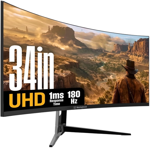 Westinghouse 34 Inch Curved Ultrawide Gaming Monitor, 180Hz, 1 ms, AMD FreeSync Support, Low Motion Blur, 1500R Curve, 3440 x 1440, for PC Games with Built in Speakers, 2X DisplayPort, 2X HDMI