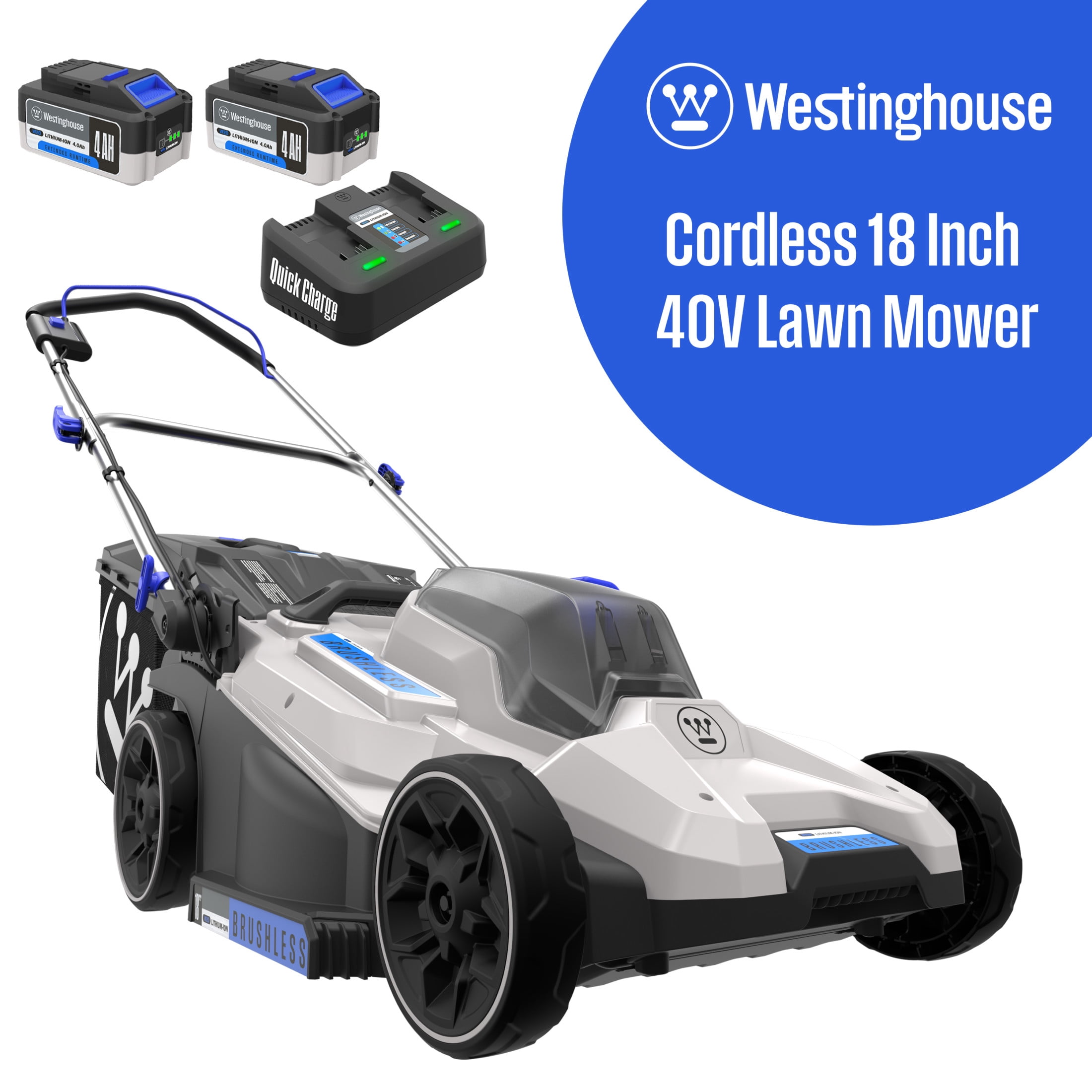 Westinghouse 40V 18 Inch Brushless Cordless (Push) Lawn Mower, 6 Height Positions, 2 4.0Ah Batteries and Charger Included