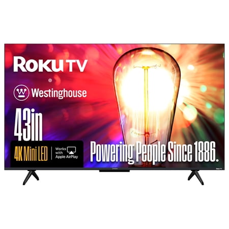 Westinghouse 43” Mini-LED 4K UHD Roku TV, Dolby Vision HDR, QLED Quantum Color, Local Dimming, MEMC Motion, AirPlay 2
