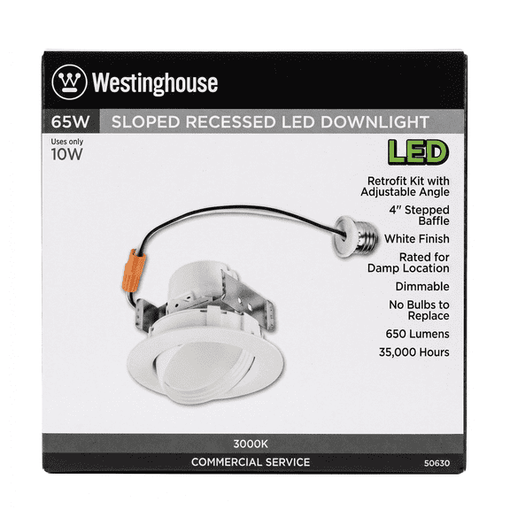 Westinghouse 50830 4" Sloped LED Downlight Retrofit, 10W, 3000K, Dimmable