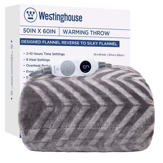 Westinghouse 50x60" Electric Throw Heated Blanket, Soft Flannel Electric Blanket, 6 Heating Levels& 2-10 Hours Time Setting, Machine Washable, Light Grey 50x60