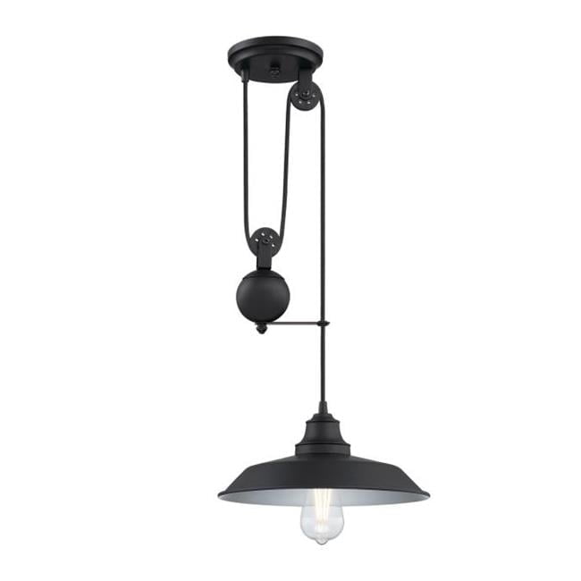 Matte Black Industrial Pulley Pendant Light with Glass Shade