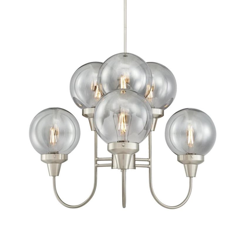 Elegant 6-Light Brushed Nickel Chandelier with Smoke Grey Glass Globes