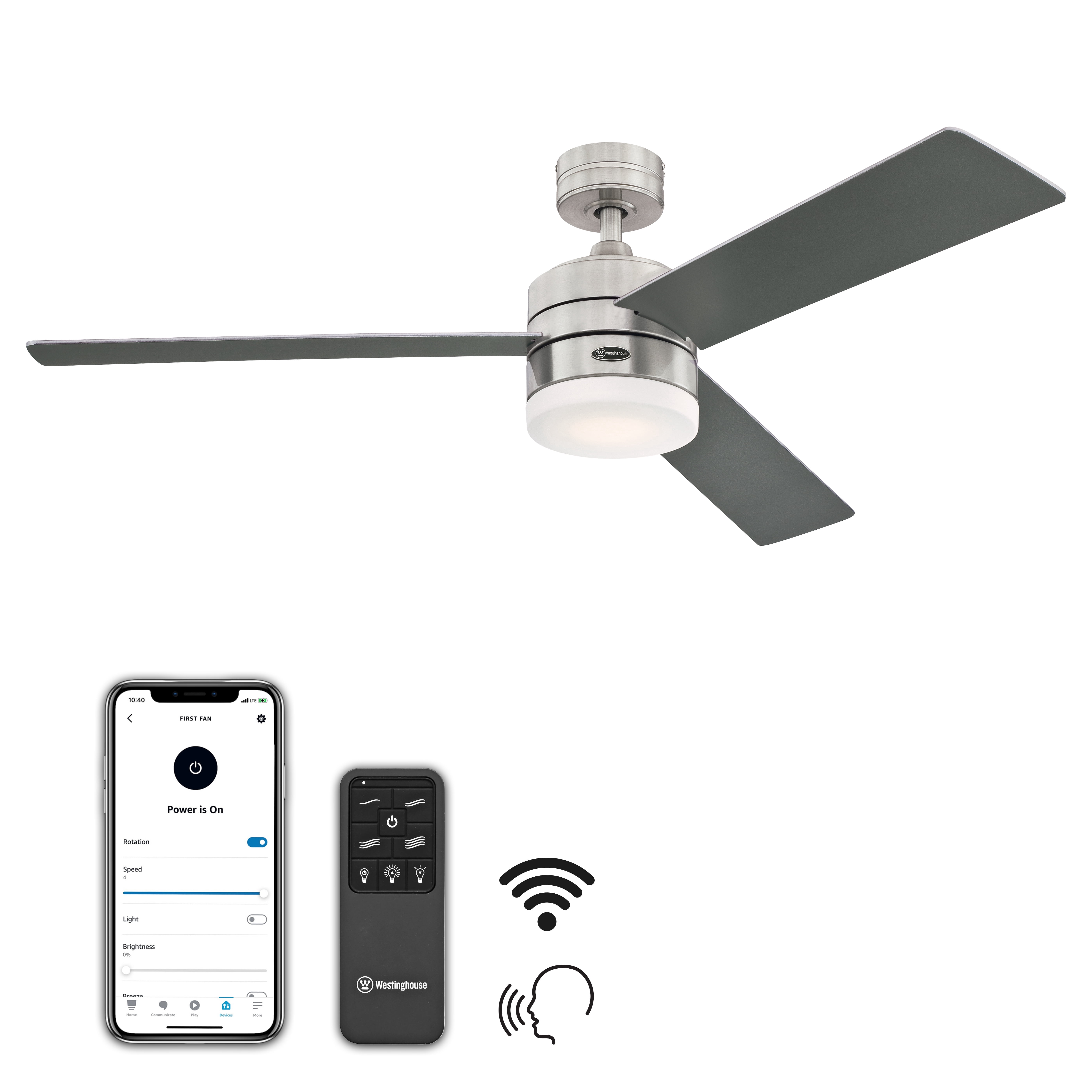 Westinghouse Lighting Modern Alta Vista Smart Wi-Fi Ceiling Fan with LED Light, Remote Control 52 Inch Brushed Nickel Finish, Opal Frosted Glass, Compatible with Amazon Alexa & Echo Device
