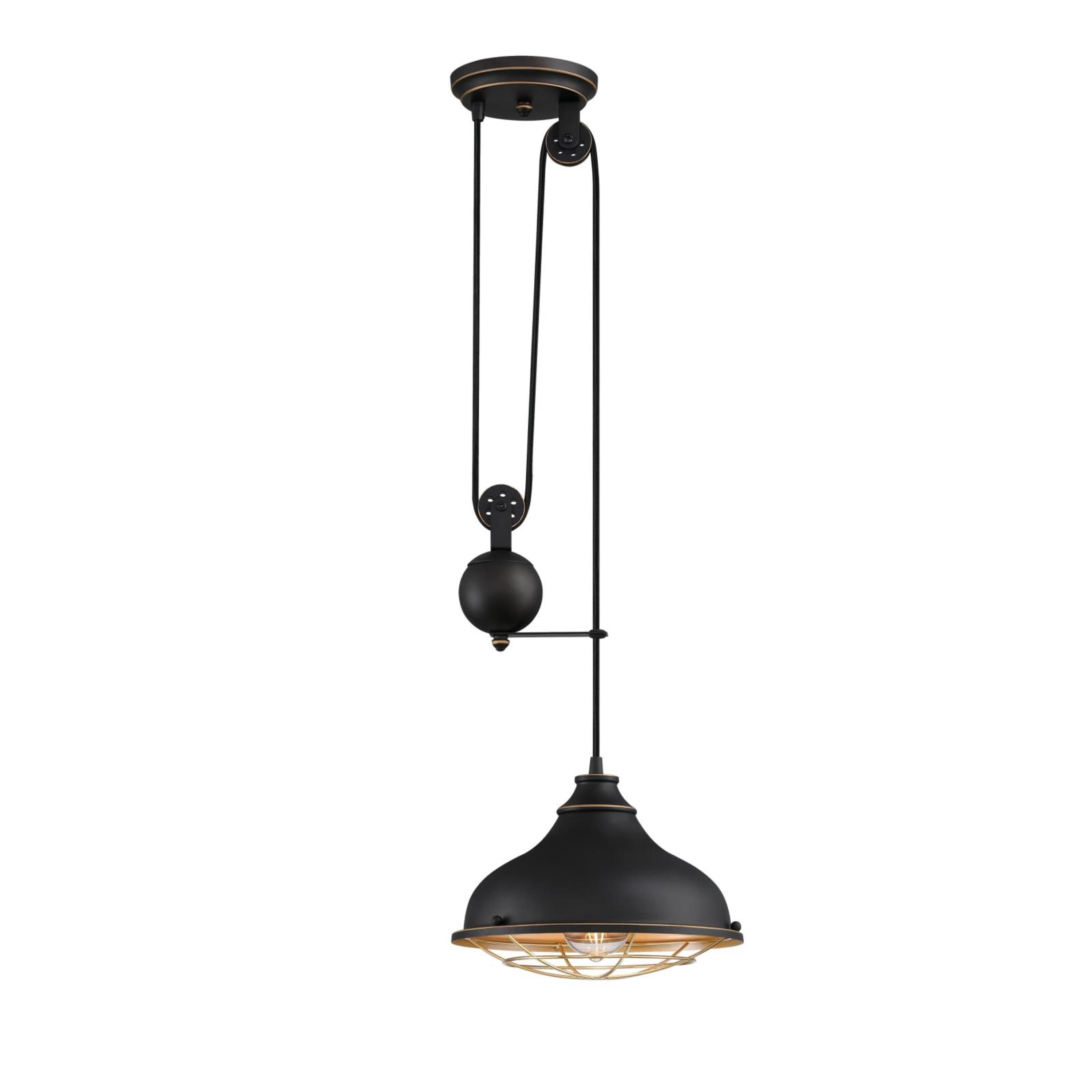 Chaves 29.5'' Black-Bronze Indoor Pulley Pendant with Golden Brass Cage Shade